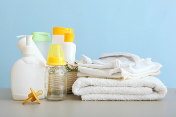Baby care products on the table. Daily baby care products for skin care, for bathing.