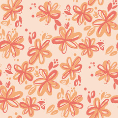 Cantaloupe color abstract sketch style fun floral seamless pattern