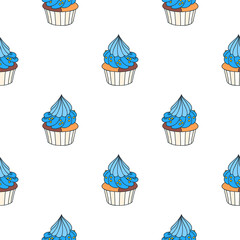 Background with cupcakes. Seamless doodle pattern of cupcakes decorated with blue cream on a white background. Vector 8 EPS.