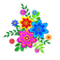 Obraz premium Floral arrangement, a bouquet of paper products, bright multi-colored paper flowers, Easter backdrop, Mother's day greeting card, design elements, artistic handmade, craft flower shapes, 3D rendering