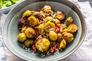 Fried brussels sprout with roasted bacon and parmesan cheese