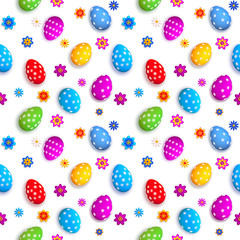 Easter festive elegant background, Decorative weaving from branches a wreath, multi-colored painted eggs, stylized paper flowers, 3D rendering, seamless pattern