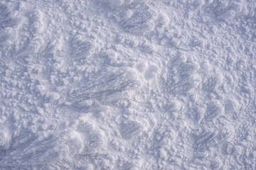 Texture of frost and snow on the ground in the mountains