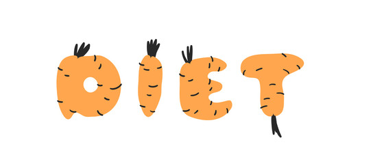 Hand drawn Carrot ABC and word. Cartoon vector illustration veggies font.  Flat drawing vegetarian food. Actual Creative Vegan art work