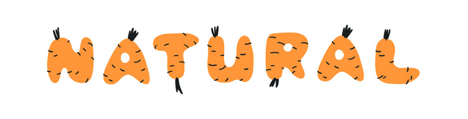 Hand drawn Carrot ABC and word. Cartoon vector illustration veggies font.  Flat drawing vegetarian food. Actual Creative Vegan art work