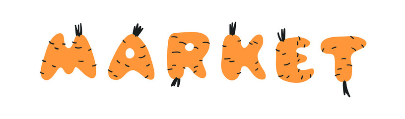 Hand drawn Carrot ABC and word. Cartoon vector illustration veggies font.  Flat drawing vegetarian food. Actual Creative Vegan art work