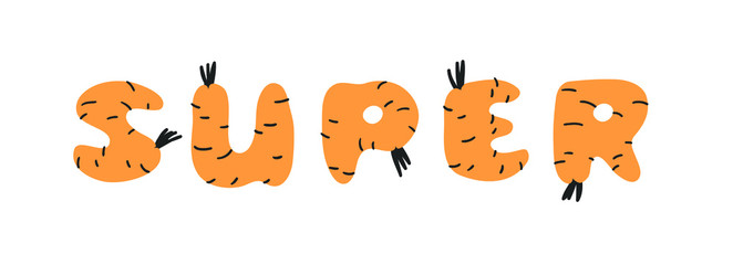 Hand drawn Carrot ABC and word.  Cartoon vector illustration veggies font.  Flat drawing vegetarian food. Actual Creative Vegan art work