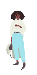 Hand drawn Fashion  illustration African American Woman Outfit. Cartoon style vector drawing character. Flat art girl influencer in casual look