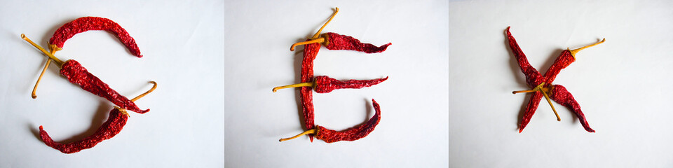 Close-up of the word SEX is spelled out in peppers against a light background.