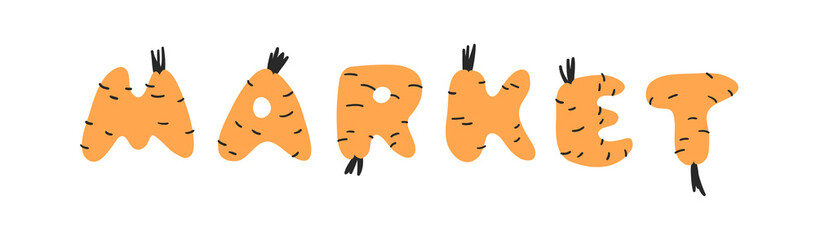 Hand drawn Carrot ABC and word. Cartoon vector illustration veggies font.  Flat drawing vegetarian food. Actual Creative Vegan art work