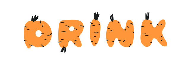 Hand drawn Carrot ABC and word Cartoon vector illustration veggies font.  Flat drawing vegetarian food. Actual Creative Vegan art work