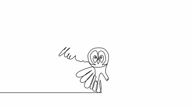 Self-drawing simple animation of one continuous drawing of one line of an owl with spread wings, flying.