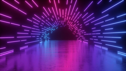 3d rendering, abstract neon background, pink blue glowing lines, ultraviolet light, empty tunnel, long corridor, path, road, performance stage, floor reflection