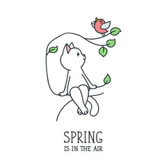 Spring Is In The Air. Cute illustration of a cat sitting on a tree and listening to a singing bird. Vector 8 EPS.