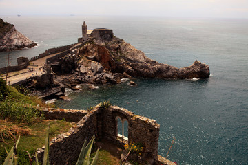 Portovenere ( SP ), Italy - April 15, 2017: San Pietro Church, Portovenere, gulf of Poets, Cinque...