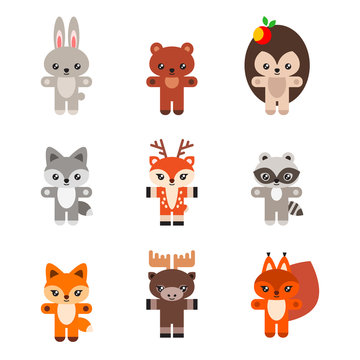 Set of woodland animals. Illustration of cute little animals (a fox, a wolf, a hare, a moose, a deer, a squirrel, a bear, a raccoon and a hedgehog) isolated on a white background. Vector 8 EPS