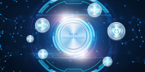 Business, technology, internet and networking concept. Young businessman working in the office, select the icon Data protection  on the virtual display.