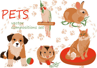 Vector illustrations set. Image of a pet. A parrot, a puppy, a hamster,a cat and a rabbit. Also on the background layer have 2 pattern brushes, bird footprint and dog footprint.