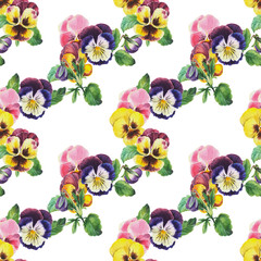 Beautiful seamless floral pattern, pansy flowers, watercolor painting, botanical drawing. Stock illustration. Fabric wallpaper print texture.