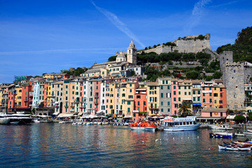Fototapeta premium Portovenere ( SP ), Italy - April 15, 2017: Wiew of Portovenere village, gulf of Poets, Cinque Terre, La Spezia, Liguria, Italy