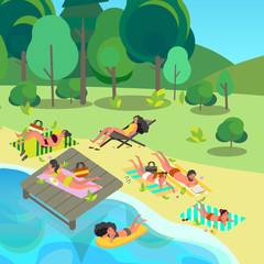 Obraz na płótnie Canvas Summer vacation activities concept. People laying on beach towel