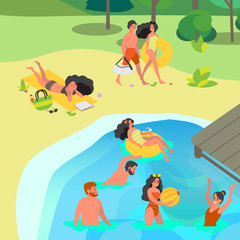 Obraz na płótnie Canvas People swimming in public park lake. Summer time fun.