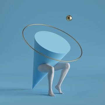 3d render, abstract surreal contemporary art. Primitive geometric shapes: golden ring, cone, white sitting legs isolated on blue background. Modern fashion design, visual illusion, funny freak show