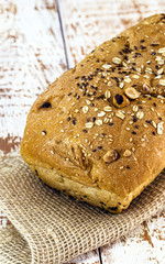 homemade bread with chestnuts and walnuts, home made, space for text.