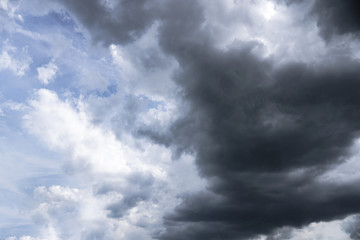 Terrible thunderclouds from the side of a plane. Gloomy epic clouds. Background image in a dark...