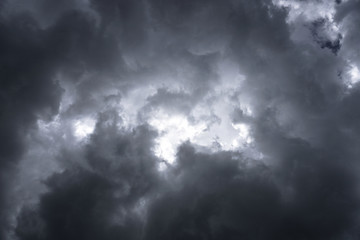 Terrible thunderclouds from the side of a plane. Gloomy epic clouds. Background image in a dark gray style.