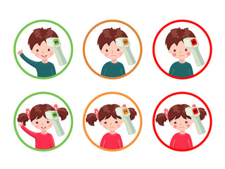Set of icons with healthy and sick girls and boys with contactless infrared thermometer wich shows temperature.
