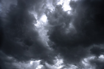 Terrible thunderclouds from the side of a plane. Gloomy epic clouds. Background image in a dark...
