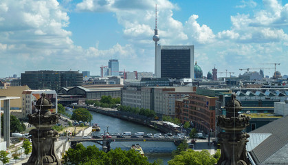 View of the Spree, Friedrichstrasse train station, the cathedral and the Berlin TV tower