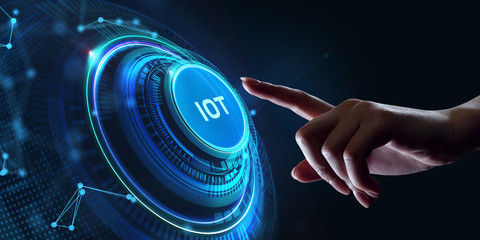 Internet of things - IOT concept. Businessman offer IOT products and solutions. Young businessman ...