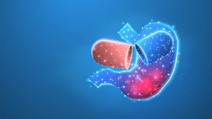 Human Stomach treatment. Capsule with medicaments, gastritis vaccine in a pill concept. Low poly, wireframe 3d Raster illustration. Abstract polygonal image on blue neon background