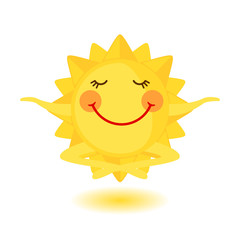 Cute sun is meditating in flat style isolated on white background.