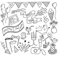 Large collection of party doodles. Vector illustration isolated on a white background.Traditional design elements for the decoration in birthday, wedding, print, banner.