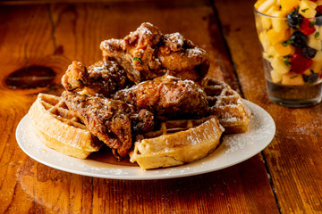 Chicken & waffles. Classic American Diner Style Breakfast or Brunch menu item favorite. Crispy...