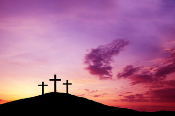 Three cross on the hill, Jesus Christ from the Bible. Easter, Religion. Salvation of sins, sacrifice