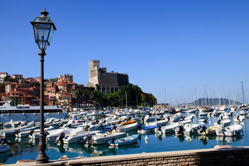 Fototapeta na wymiar Lerici ( SP ), Italy - April 15, 2017: Lerici harbour and the castle, gulf of Poets, Cinque Terre, La Spezia, Liguria, Italy
