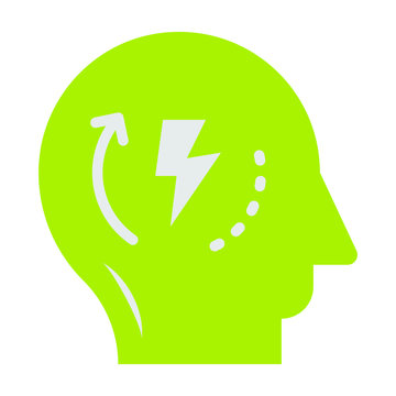 Green Self Motivation Symbol,  Self Starter Mindset Concept, Human Brain Head And Thunder Bolt On White Background, Motivational Symbol Vector Glyph Icon Design