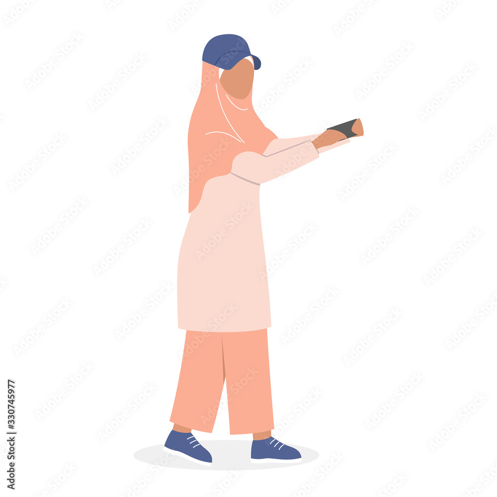 Sticker muslim woman taking selfie. arabic character taking photo of herself