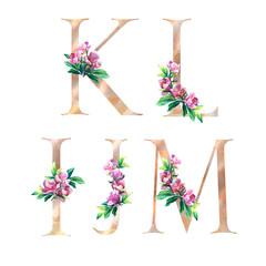 Floral Letters set with flowers of magnolia and leaves. K, L, M, J, I. Elegant Alphabet on the white background. Design for Wedding, inviting, greeting and birthday card for celebration.