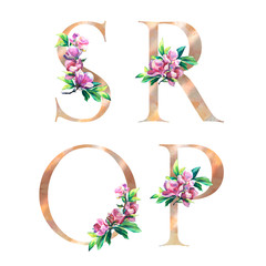 Floral Letters set with hand painted flowers of magnolia and leaves. S, R, O, P. Elegant Alphabet on the white background. Design for Wedding, inviting, greeting and birthday card for celebration.