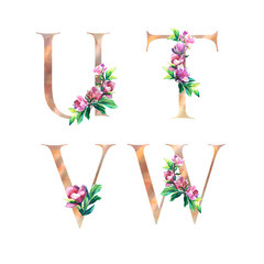 Floral Letters set with flowers of magnolia and leaves. U, T, W, V. Elegant Alphabet isolated on the white background. Design for Wedding, inviting, greeting and birthday card for celebration.