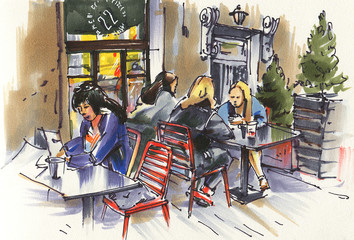 Fototapeta na wymiar Urban sketch of a street cafe