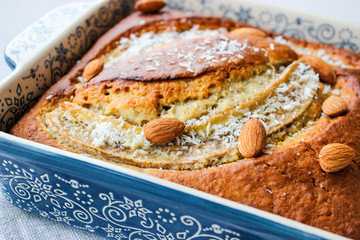 banana cake in a form and on a plate