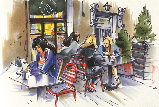 Urban sketch of a street cafe