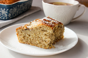 banana cake in a form and on a plate