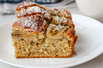 banana cake in a form and on a plate
